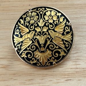 Vtg Damascene Pin Brooch Vining Flowers Doves Fluer-de-Lys Blk w Gold Inlay EUC